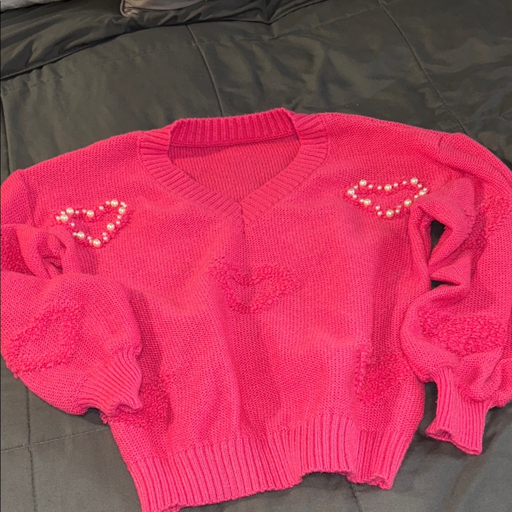 Pink Heart Embellished Women's Sweater